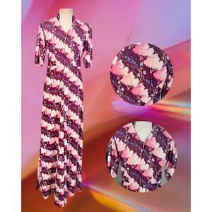 Vintage K.B Tailors Hippy Pink Wine Trippy Pattern Maxi Lounge Shirt Dress M